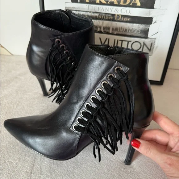 New Black Leather Fringe Pointed Toe Stiletto Heel Boots with Zipper - Picture 12 of 13